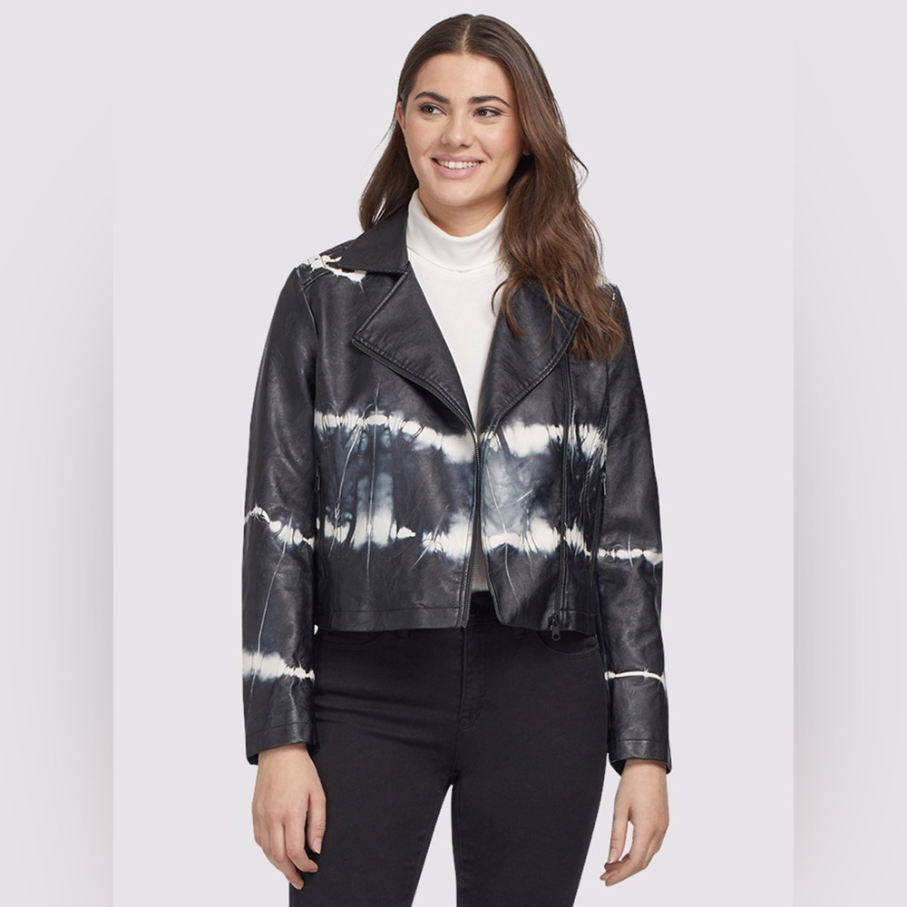 Tribal Black & White Tie-Dye Leather Biker Jacket Small